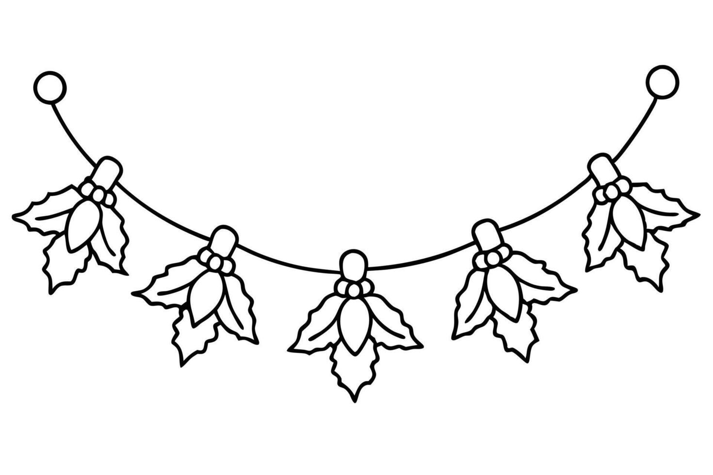 Festive Holly Garland Line Art with Berries and Leaves on Transparent Background vector