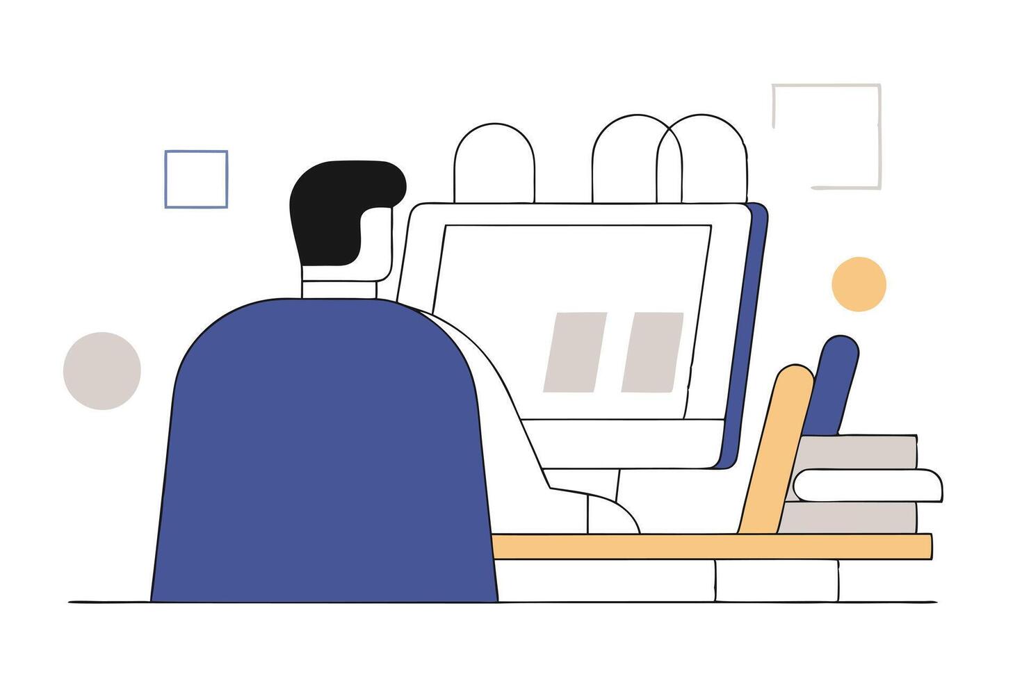 Minimalist Man Working on Desktop Computer, White Background, Geometric Shapes vector