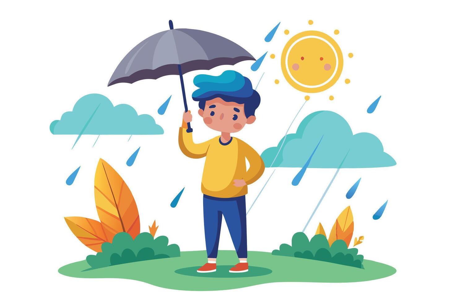 Boy with Umbrella Under Rain and Sun, Cartoon Clouds, Happy Weather Day Design vector