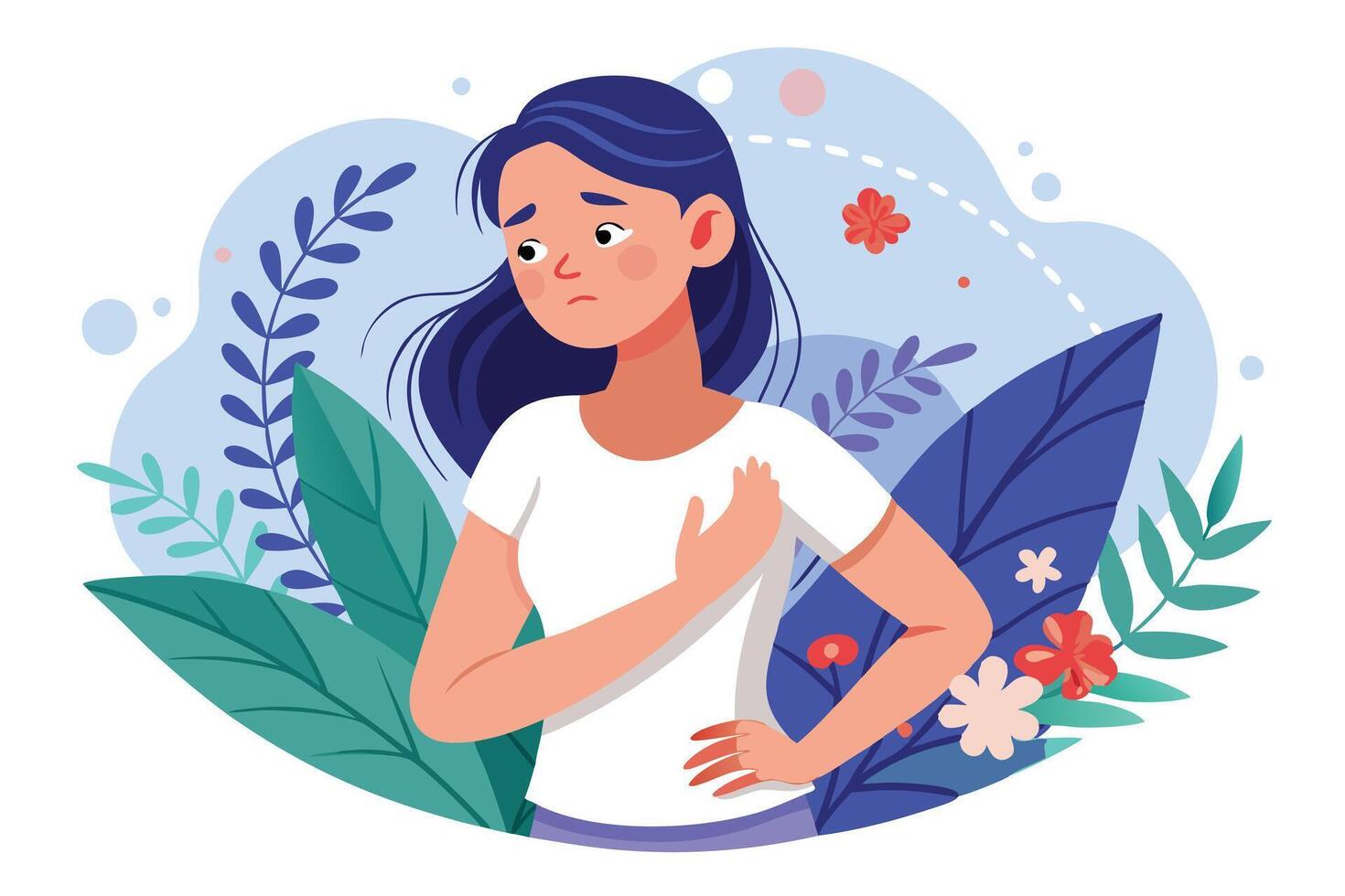 Cartoon Woman with Sad Expression Posing in Foliage on White Backdrop vector