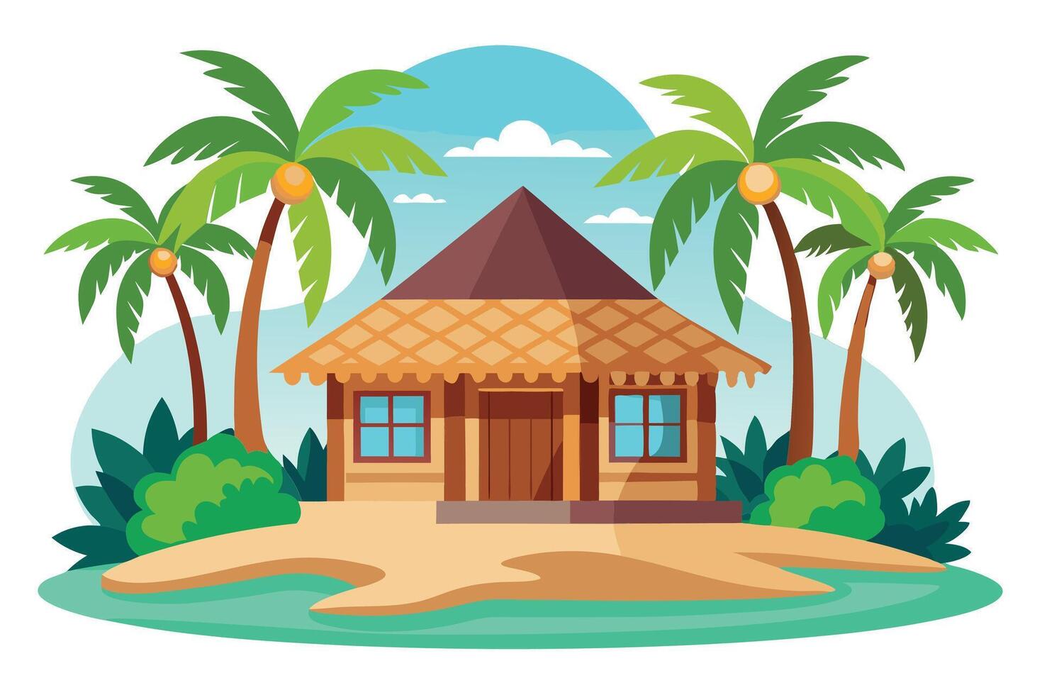 Tropical Hut on Island with Palm Trees, Blue Sky, Beach Design vector