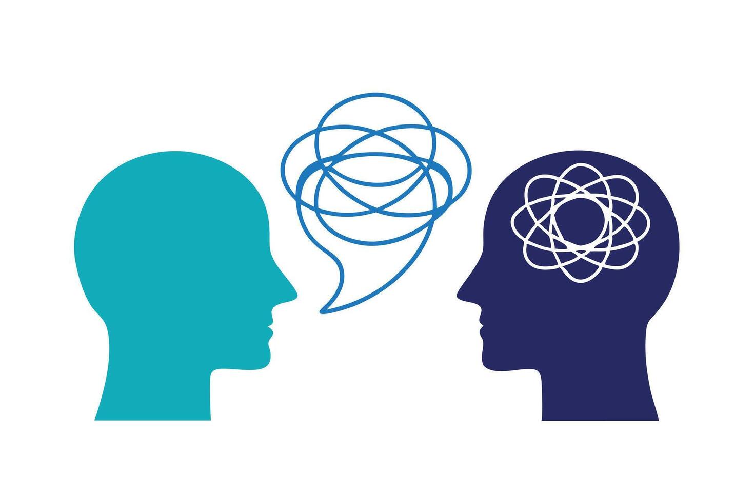 Two Head Silhouettes Complex Thought Bubble, Ideas Exchanging, On White Background vector