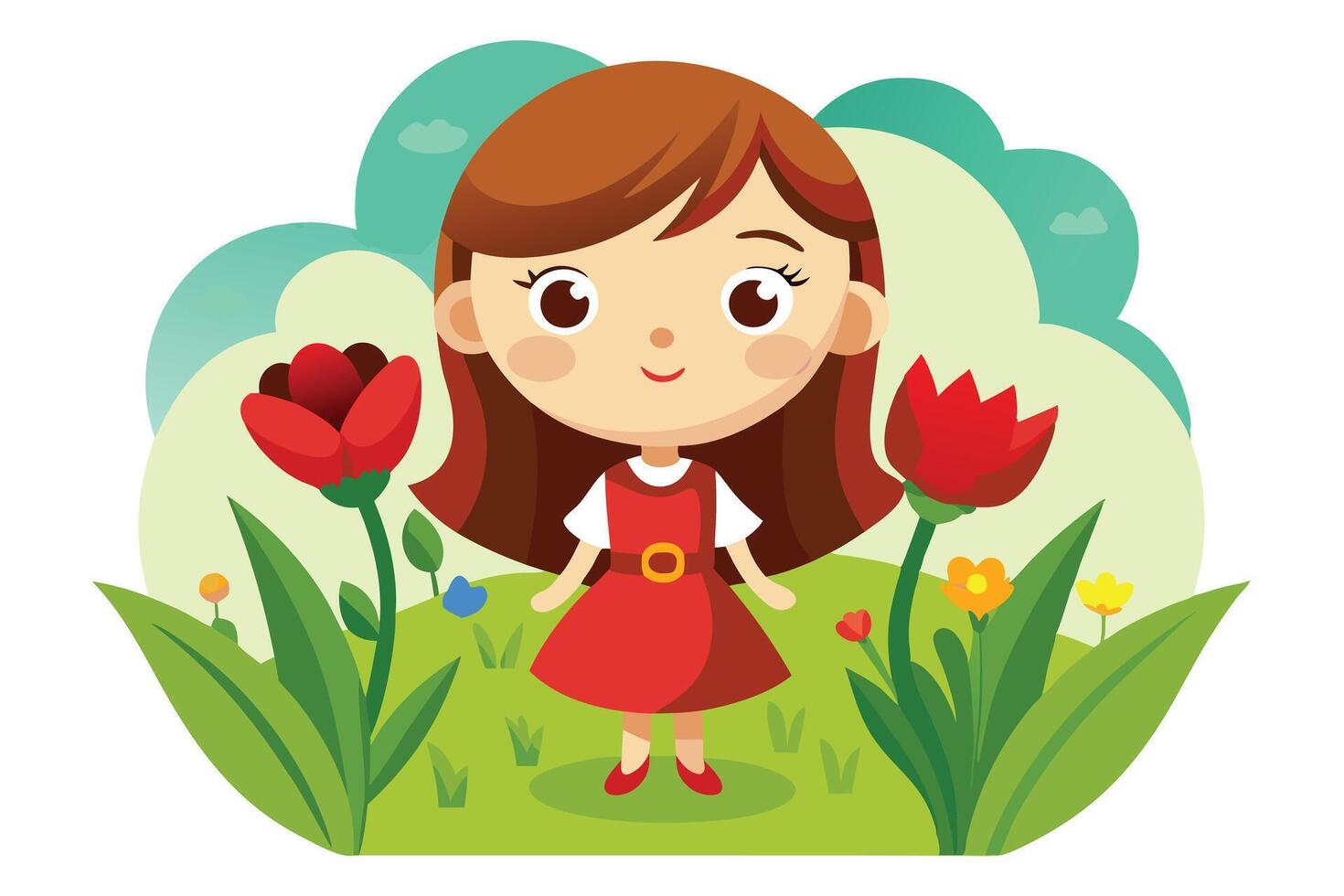 Cartoon Brown Haired Girl in Red Dress Surrounded by Flowers on White Background vector