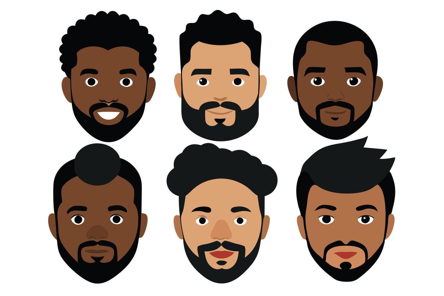 Six Flat Design Faces, Diverse Ethnic Men With Beards On Transparent Background vector