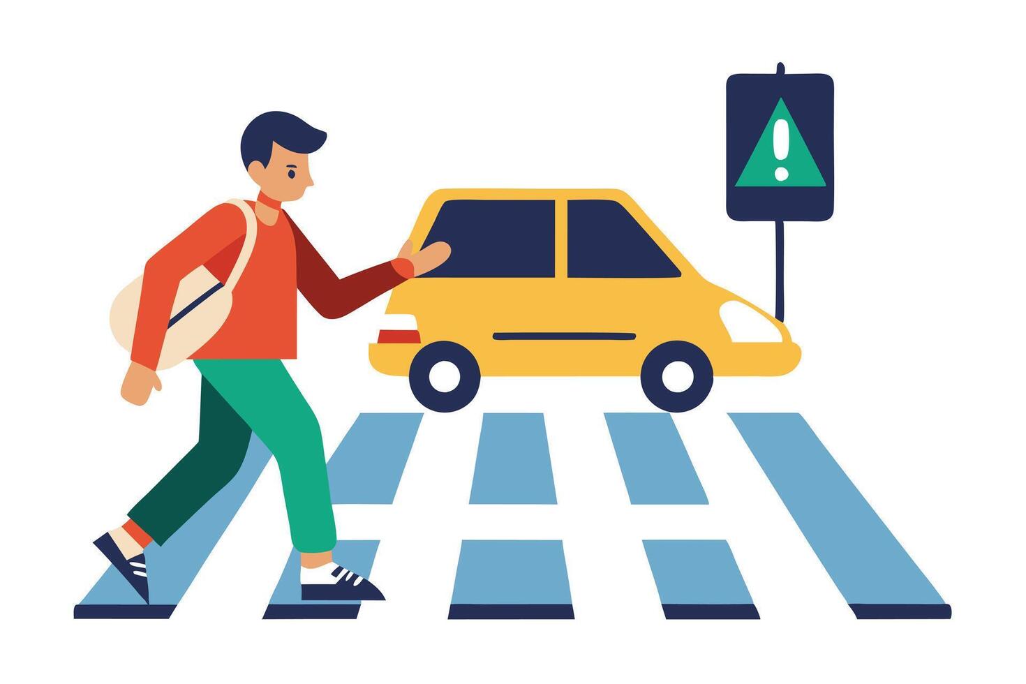 Stylish Pedestrian Crossing Zebra Stripes Near Yellow Car and Warning Sign, White BG vector
