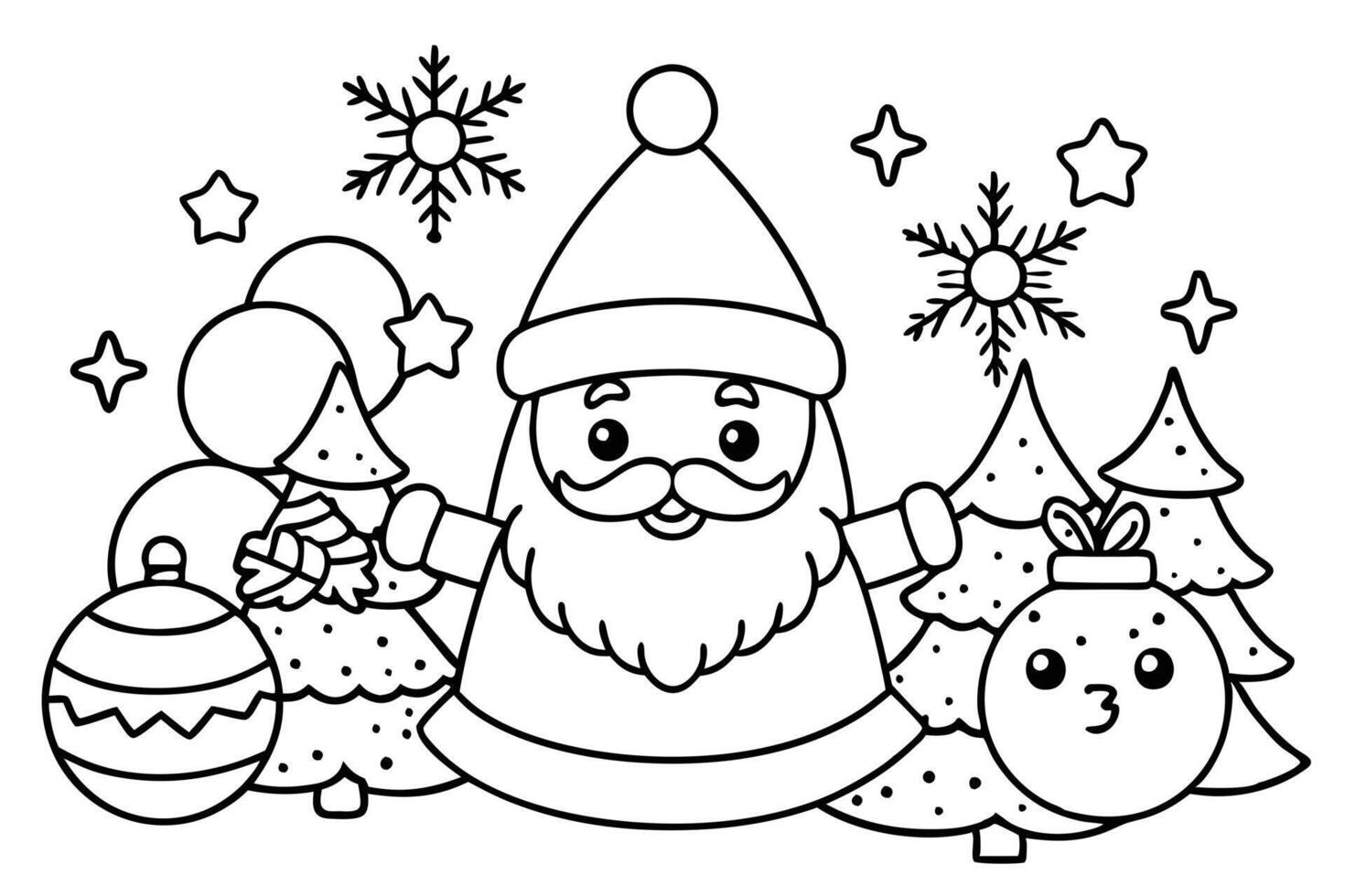 Santa Claus Character Surrounded by Christmas Trees Ornaments in Line Art Style vector