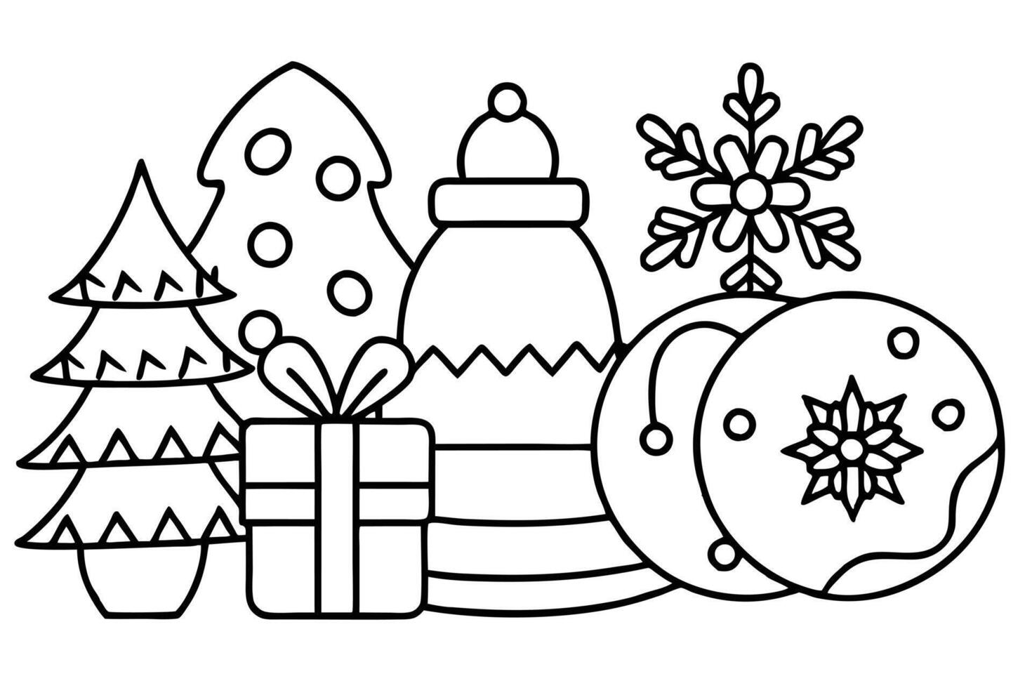 Hand Drawn Christmas Elements with Tree, Gift, Bauble, Snowflake, Outline vector