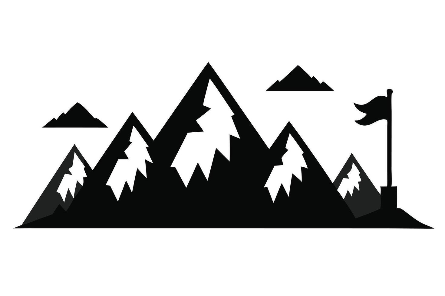 Black and White Mountain Range Peaks with Flag Silhouette on Transparent Background vector