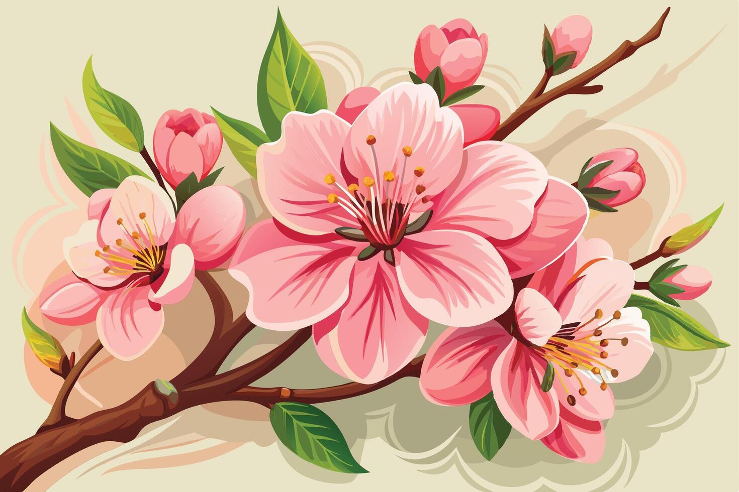 Blossoming Floral Pink Cherry Blossoms Branch with Budding Flowers on Beige Color vector