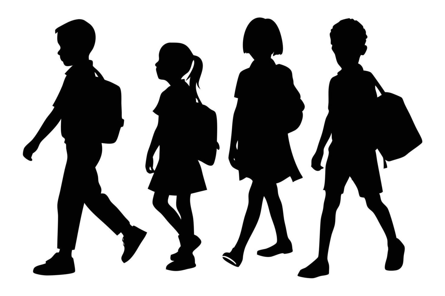 Students Silhouette Group Walking with Backpacks, diverse school kids on white vector