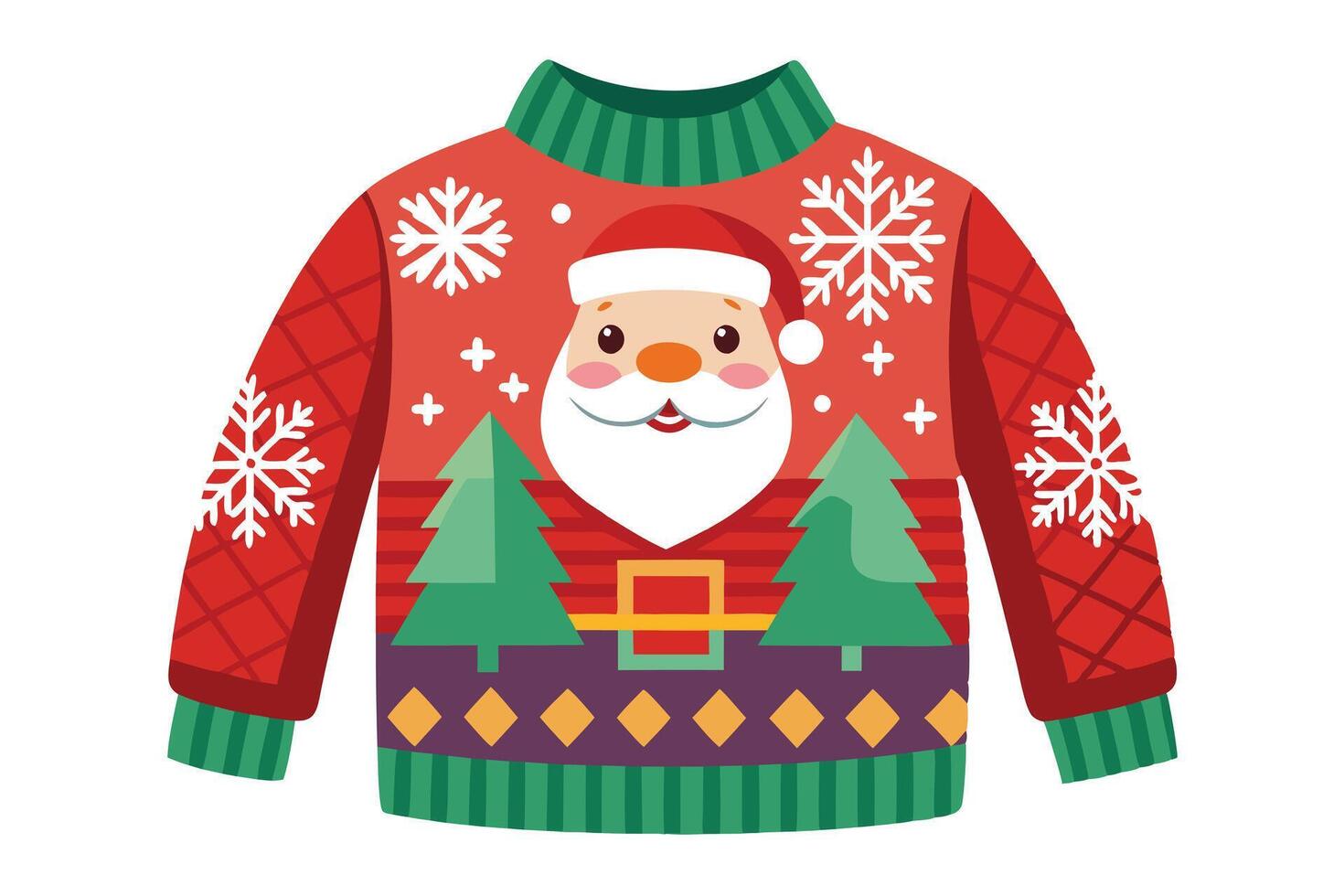 Red Ugly Christmas Sweater with Santa Claus, Trees and Snowflake Isolated on White vector