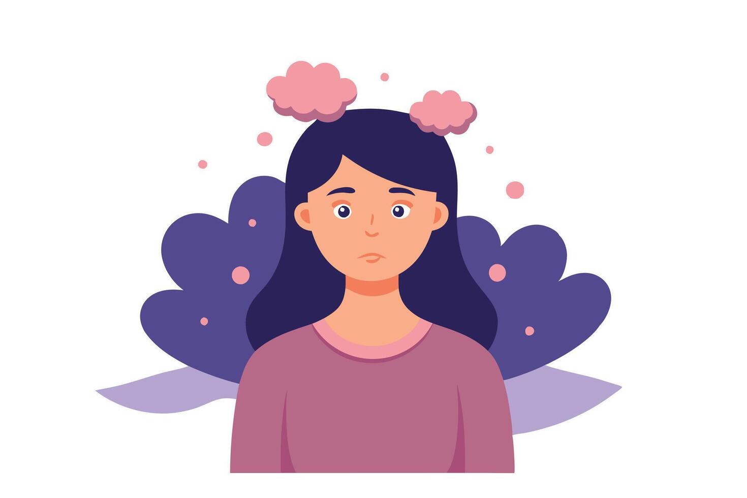 Cartoon Girl with Pink Clouds, Pensive Expression, Violet Accents on White vector