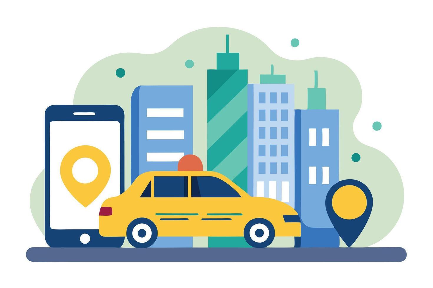 Flat Yellow Taxi Cab with Smartphone and Map Pins against Abstract Cityscape vector