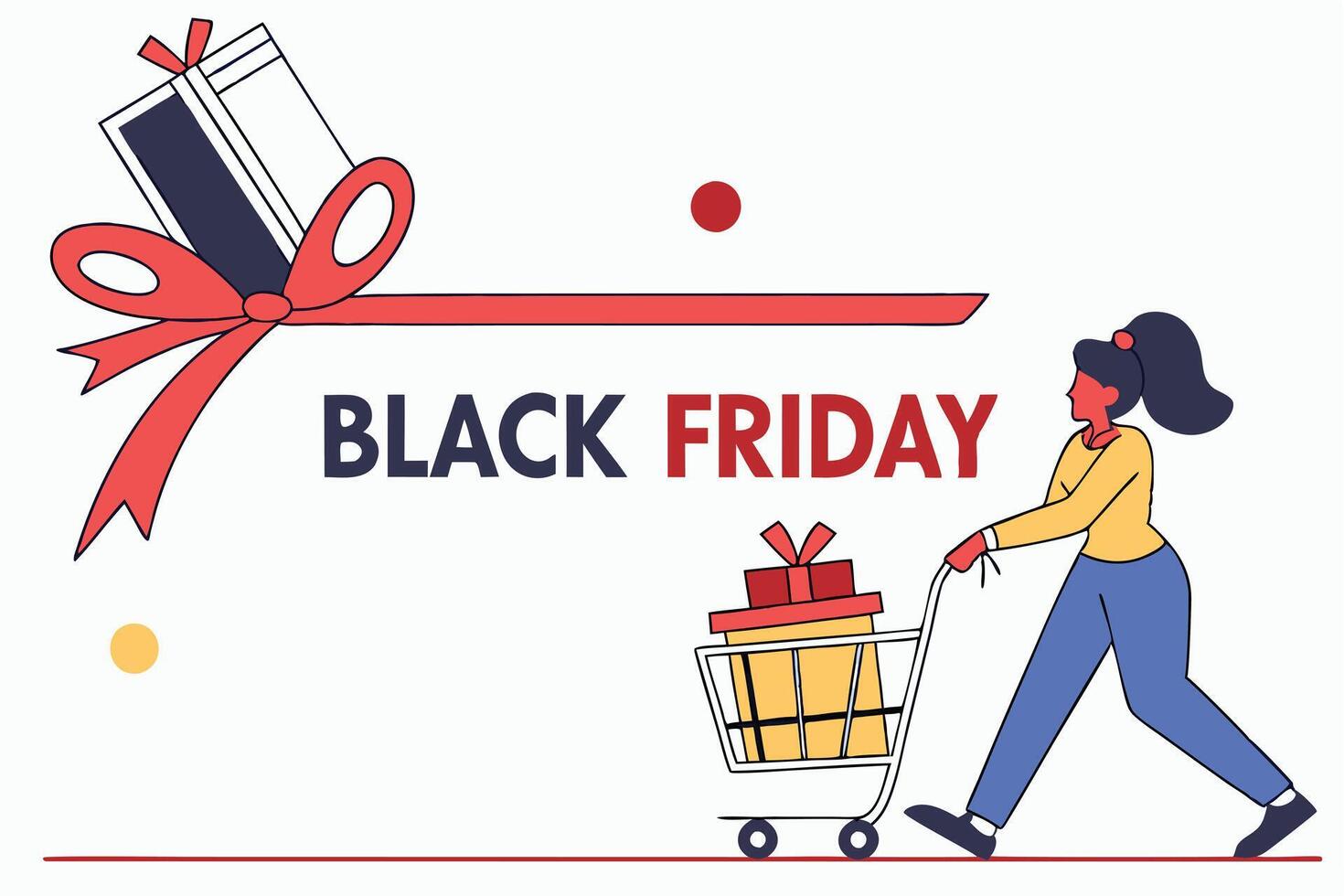 Black Friday Flat Design Woman Pushing Shopping Cart with Gift Boxes on White vector