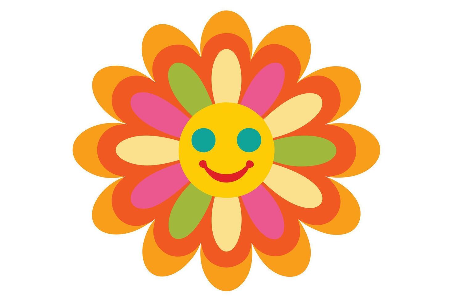Colorful Retro Flower with Smiling Face, Round Petals, Orange, Yellow, White Background vector