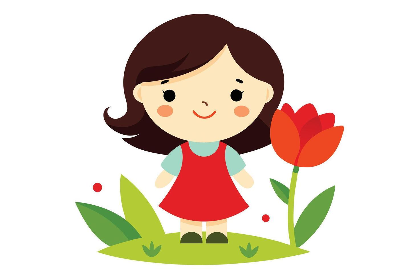 Cute Cartoon Girl with Red Tulip Flower Standing on Green Grass White Background vector