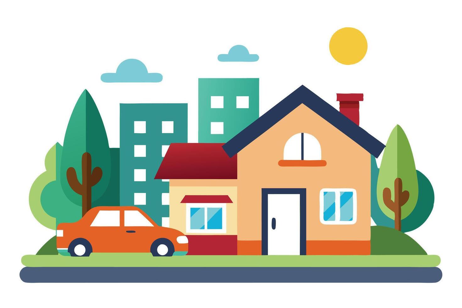 Flat of a Cozy House with Car and Cityscape on White Background vector