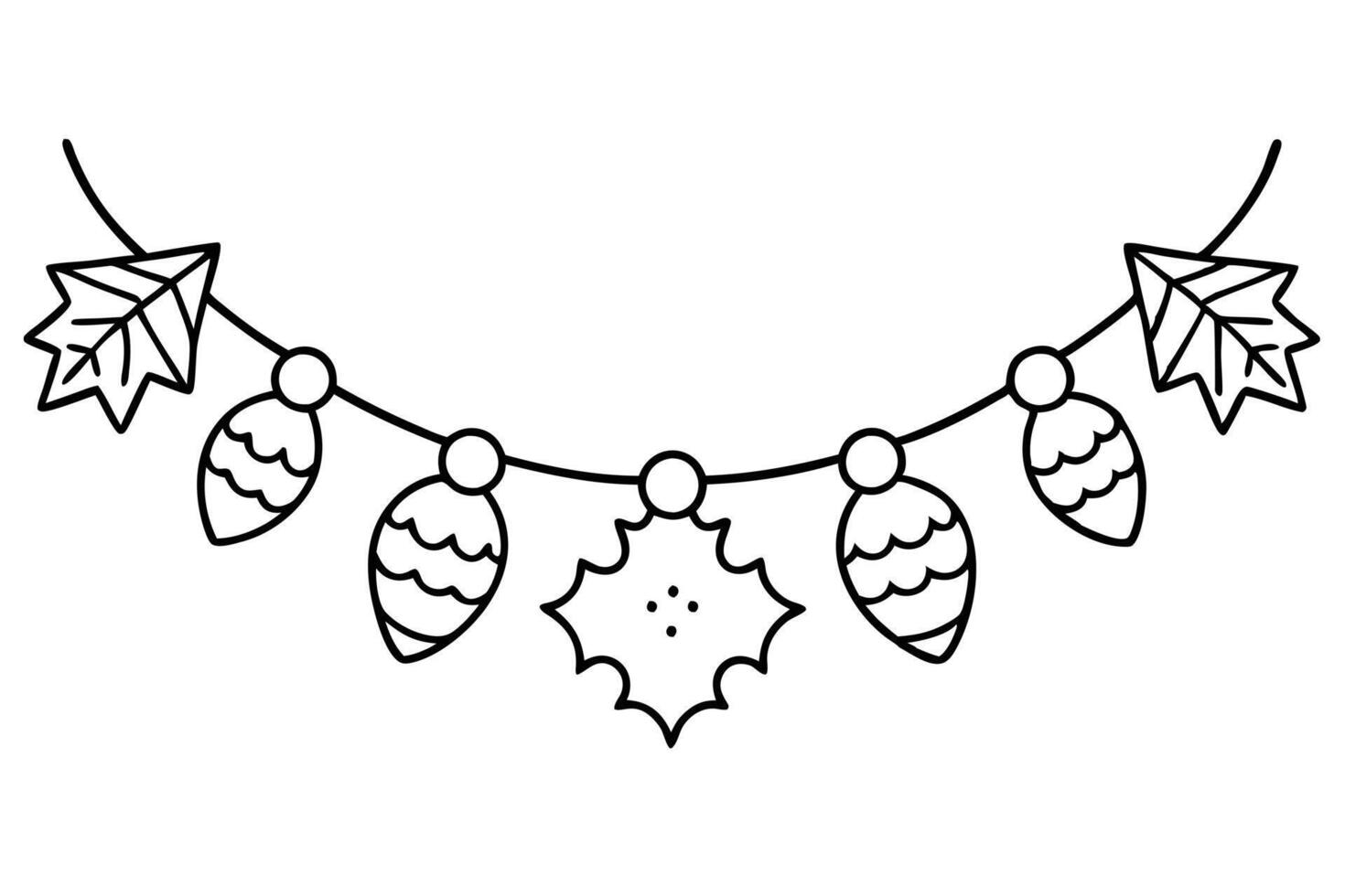 Christmas Garland Outline, Ornaments, Leaves, Festive Decoration, Black and White vector