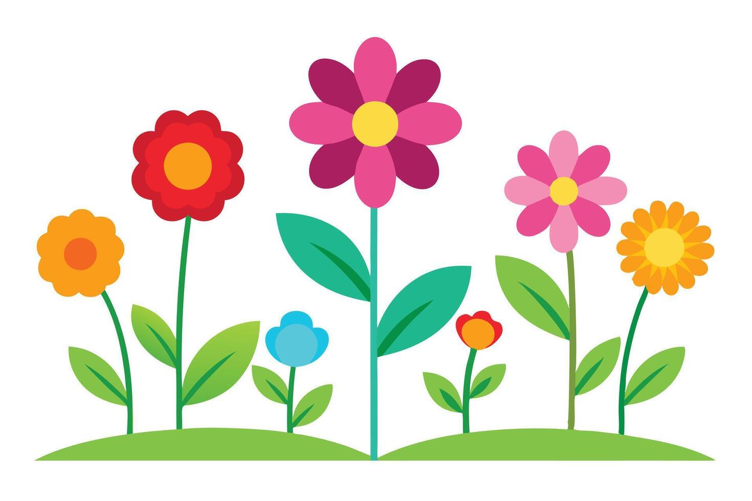 Cartoon Flowers On Green Grass With White Background, Flat Colorful Design vector
