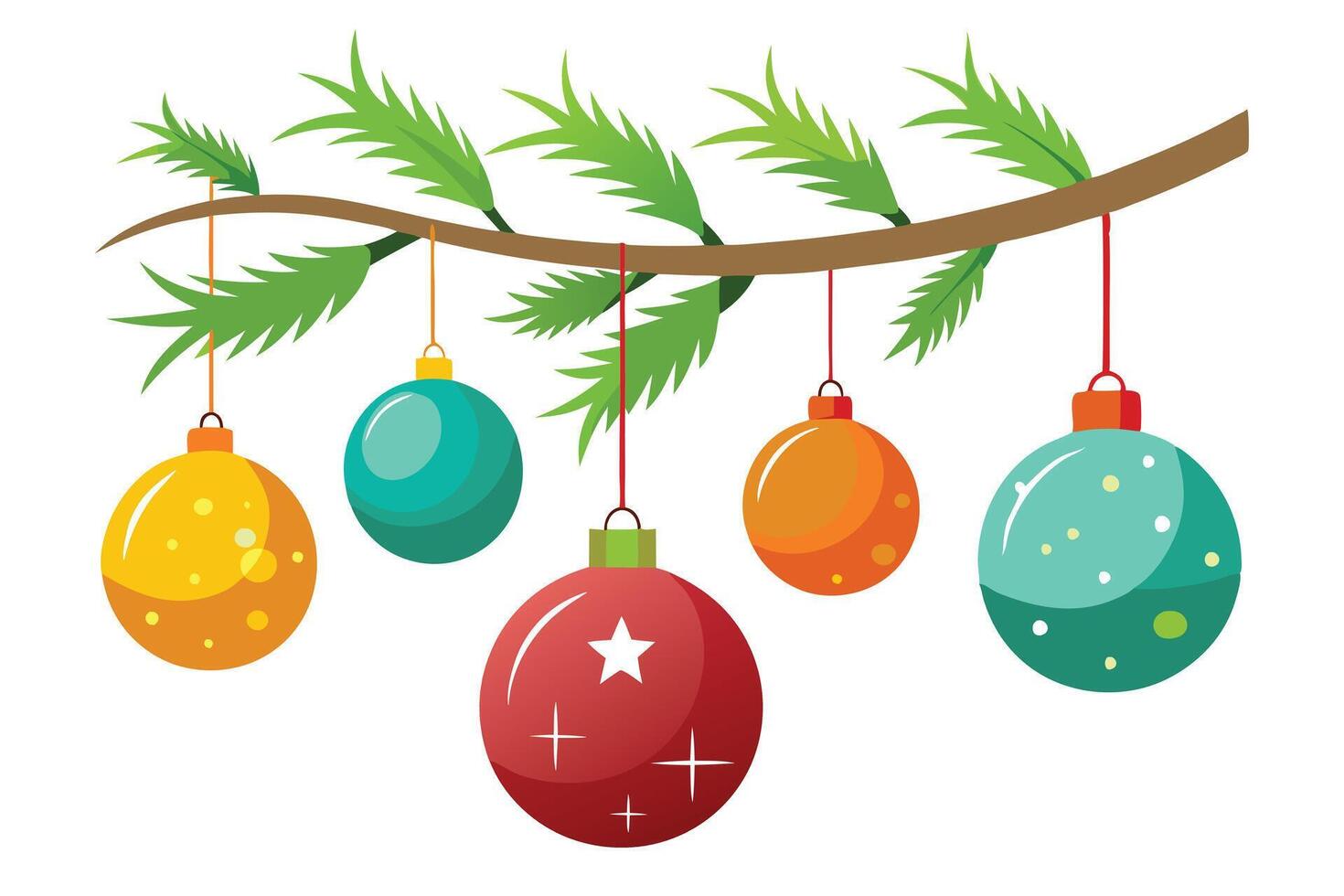 Festive Christmas Ornaments Hanging from Tree Branch, Holiday Decor, Isolated on White vector