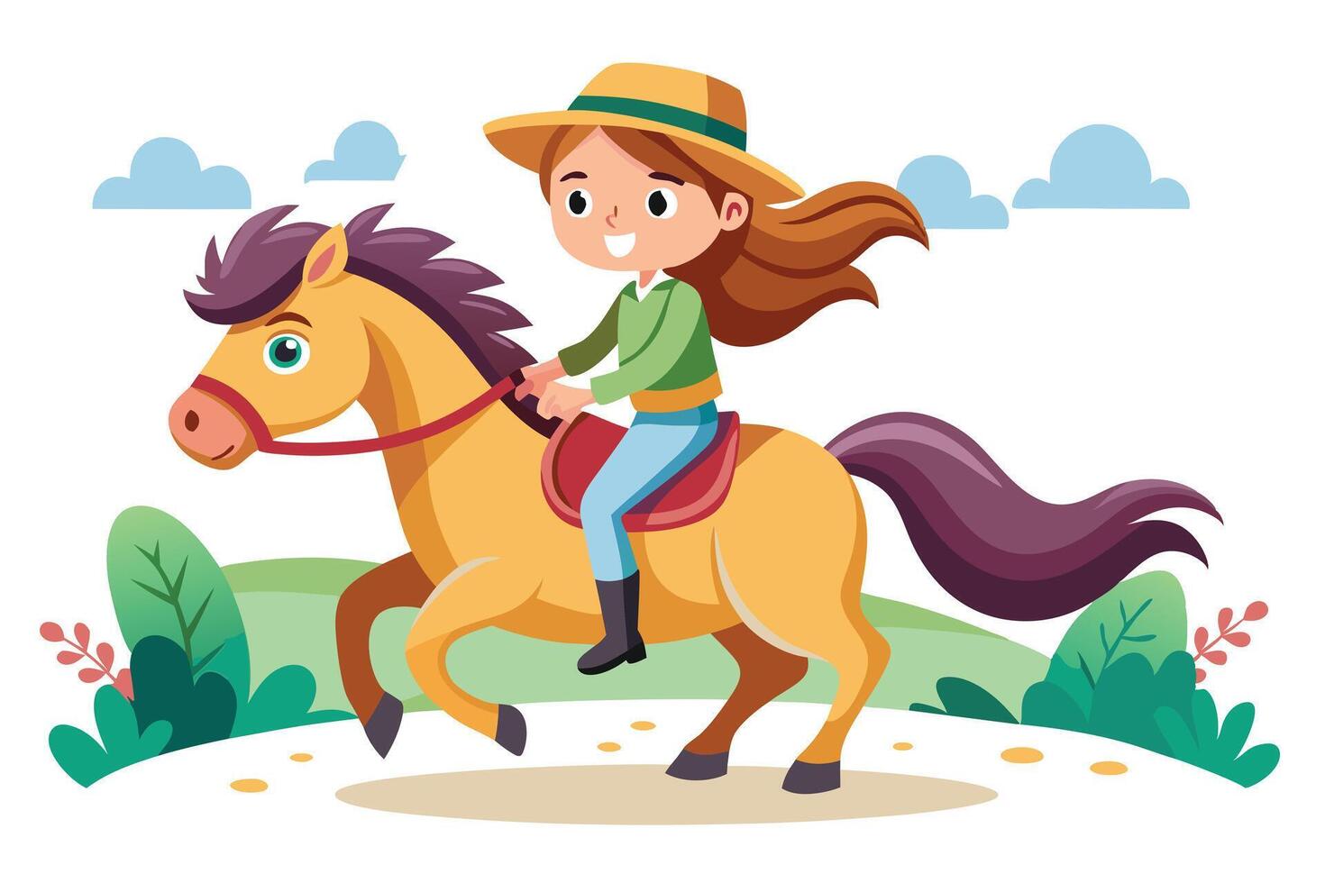 Cartoon Girl Riding Horse with Hat in Meadow against White Background Design vector