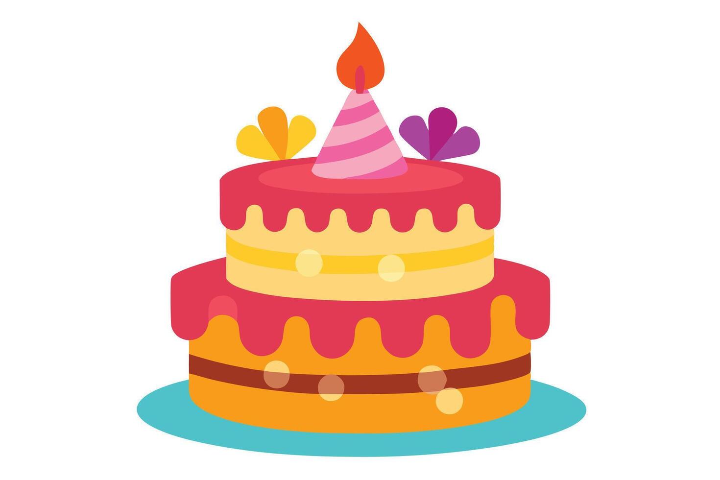 Cheerful Two Tier Cake with Candle, Party Hat, and Decorative Flairs on Teal Plate vector