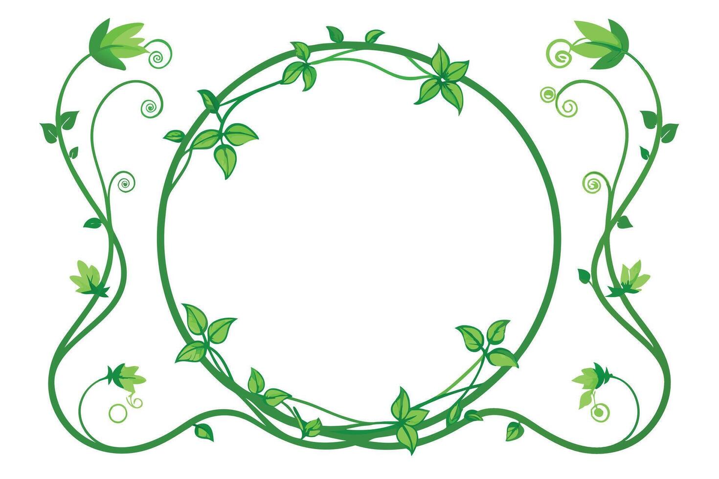 Green Vines Circle Border with Leaves and Floral Accents on White vector