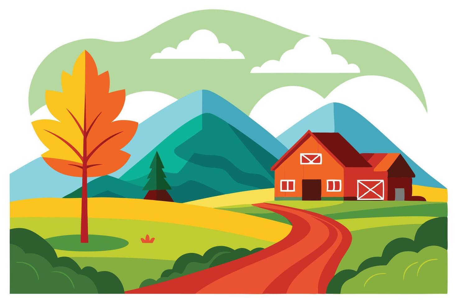 Autumn Landscape with Farmhouse, Road, and Colorful Trees on a Sunny Day vector
