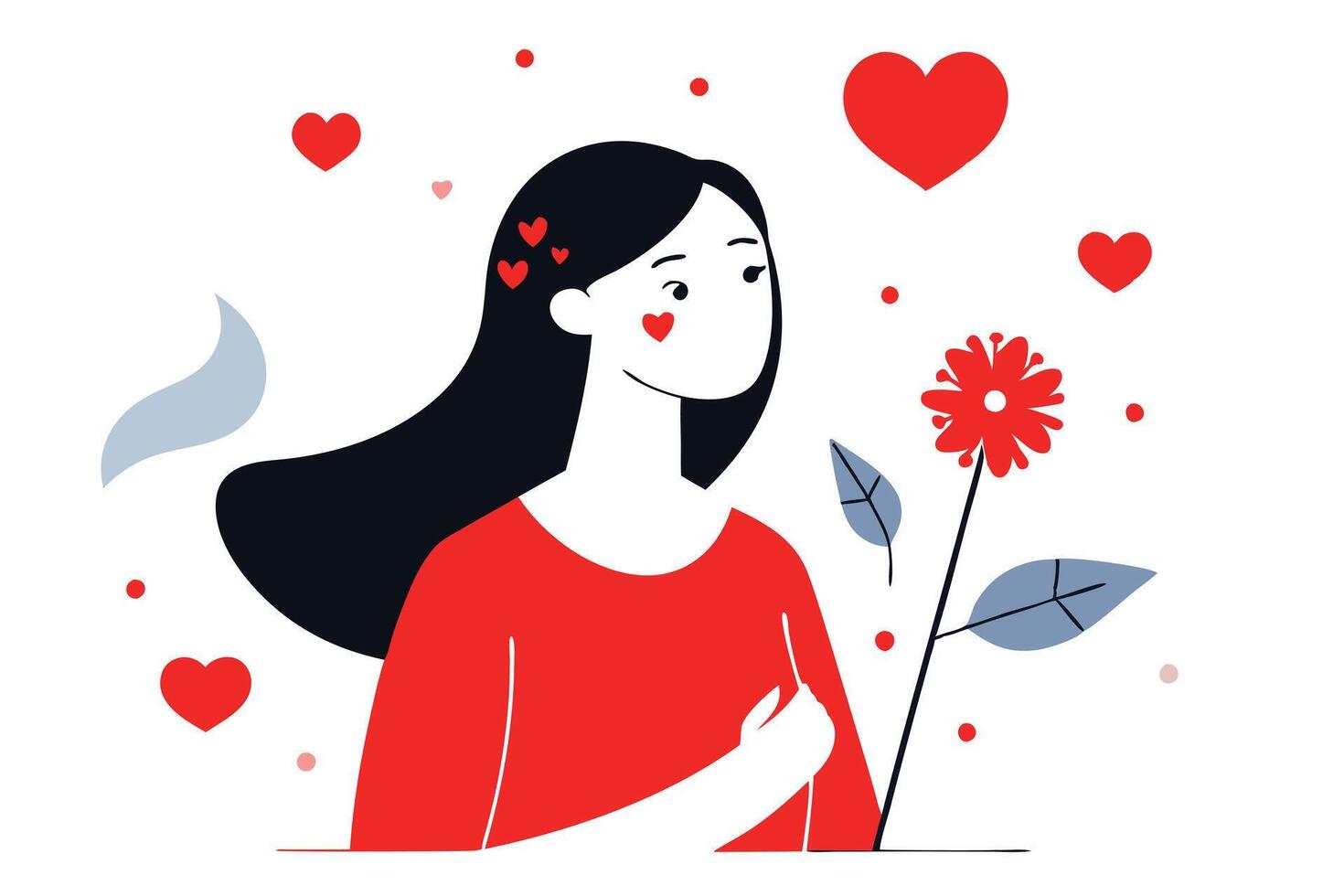 Flat Portrait of a Brunette Woman with Flower and Hearts on White vector