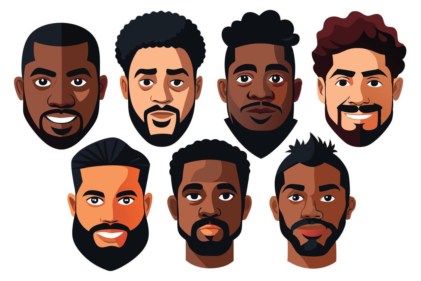 Diverse Men Faces Set, Cartoon Style Portraits, Various Ethnicities, Beard, Moustache vector