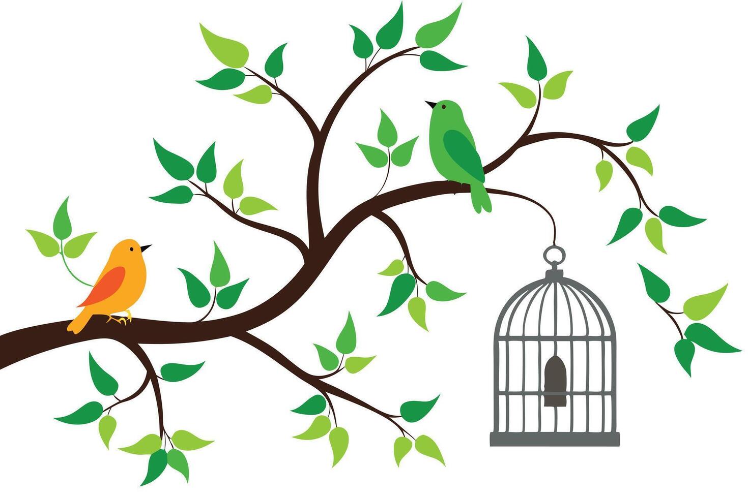 Stylized Tree with Two Birds and Hanging Cage on White Background vector