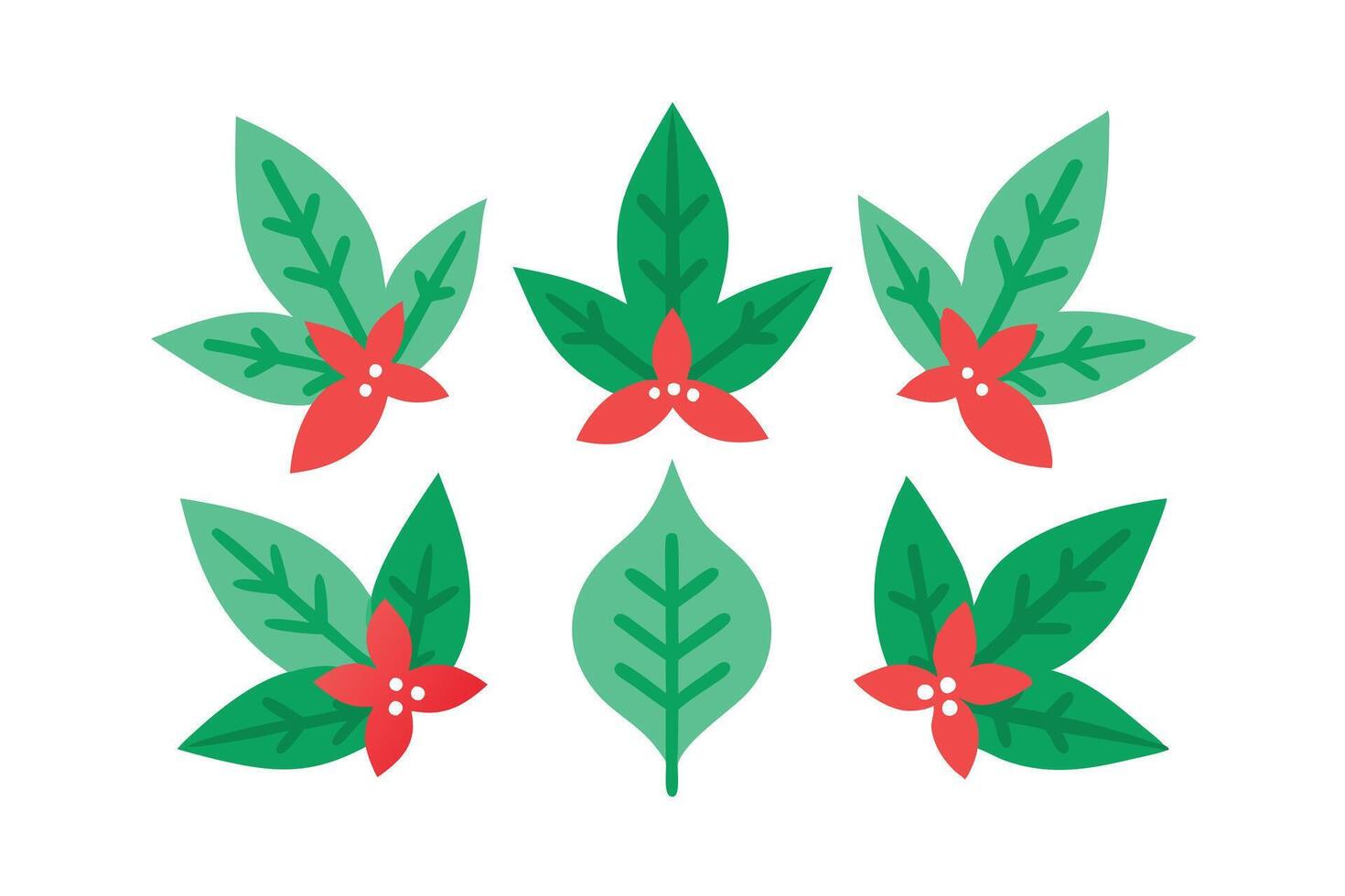 Six Green Leaves With Red Flowers Arrangement on White Background Flat Design vector