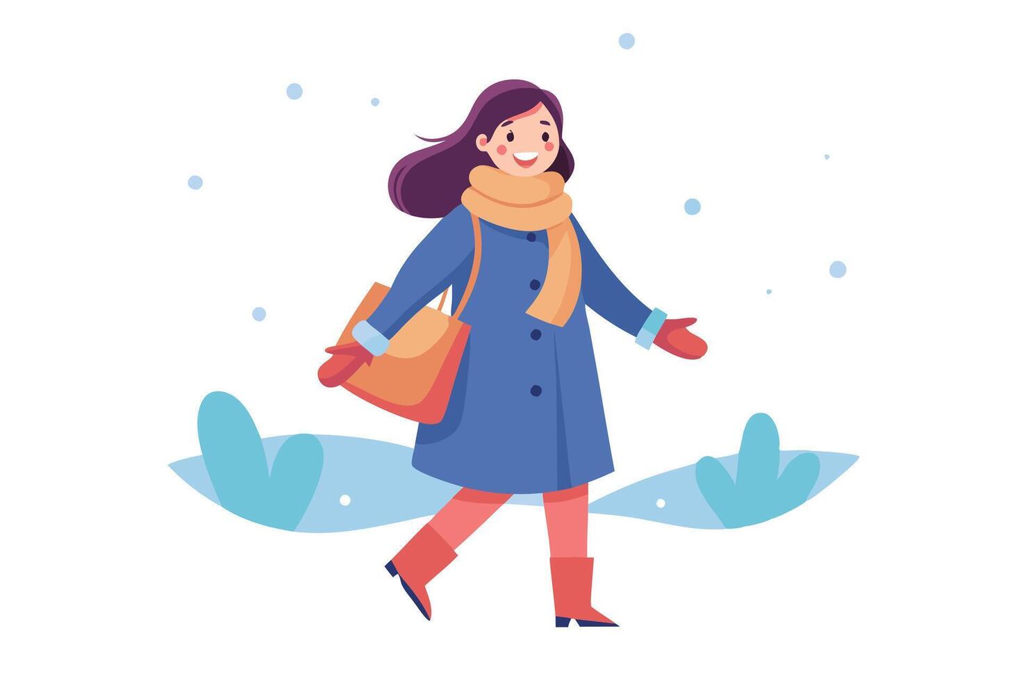 Smiling Woman Walking in Winter with Blue Coat, Scarf, Boots and White Background vector