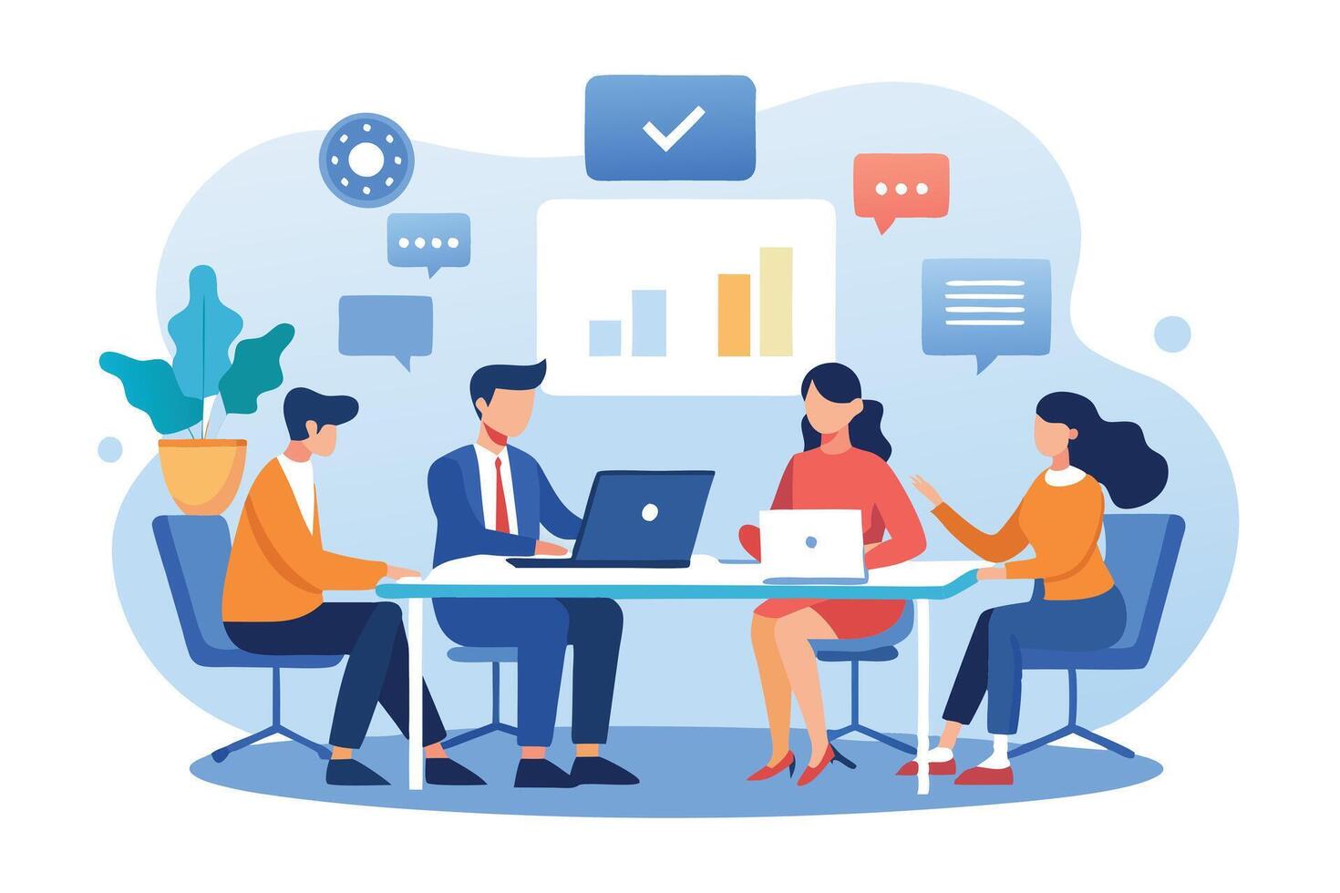 Diverse Team at Table with Laptops and Chart Icons on Light Blue Background vector
