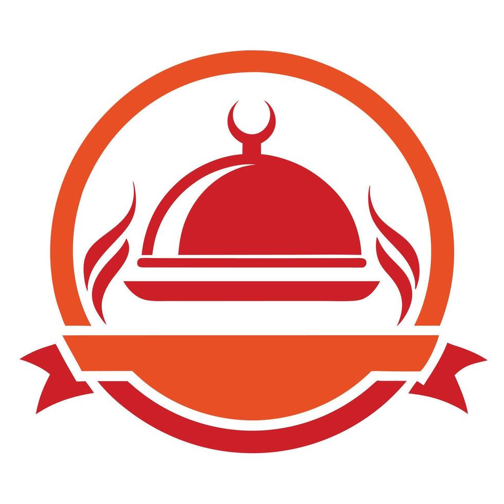 Orange Food Cloche Icon with Ribbon Banner on White Background vector
