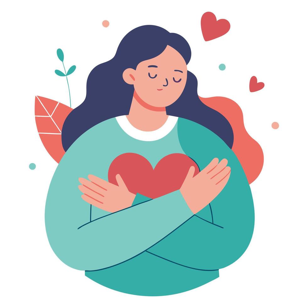 Young Woman Hugging Red Heart in Flat Design with Plant Elements on White vector