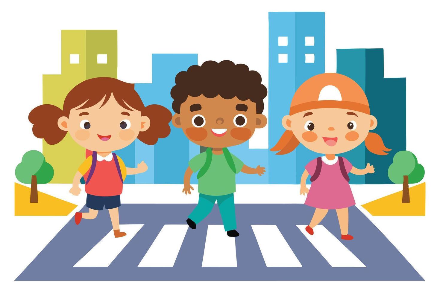 Diverse Children Walk Together on Crosswalk with Cityscape Background vector