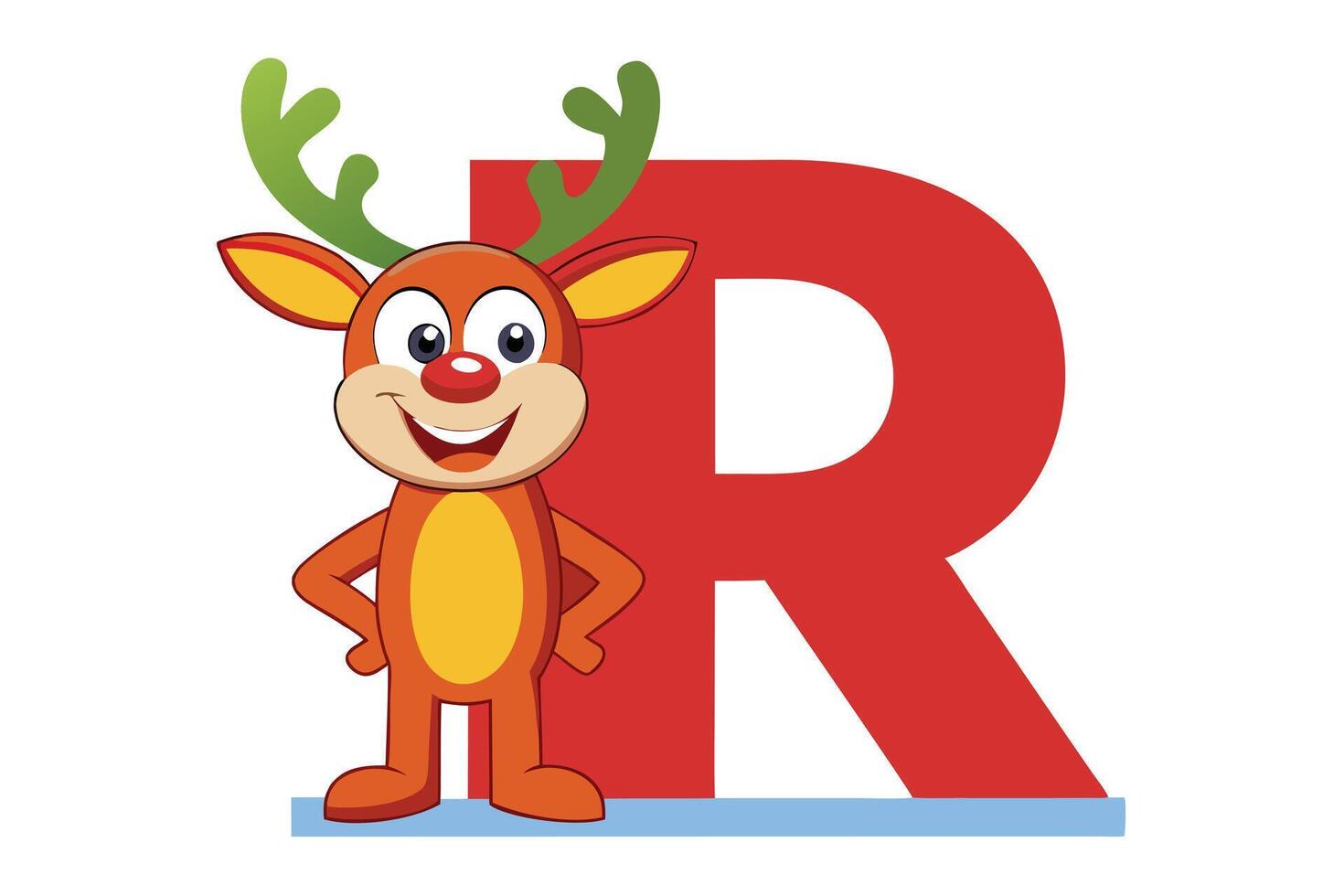 Cheerful Cartoon Reindeer with Red Letter R on White Background vector