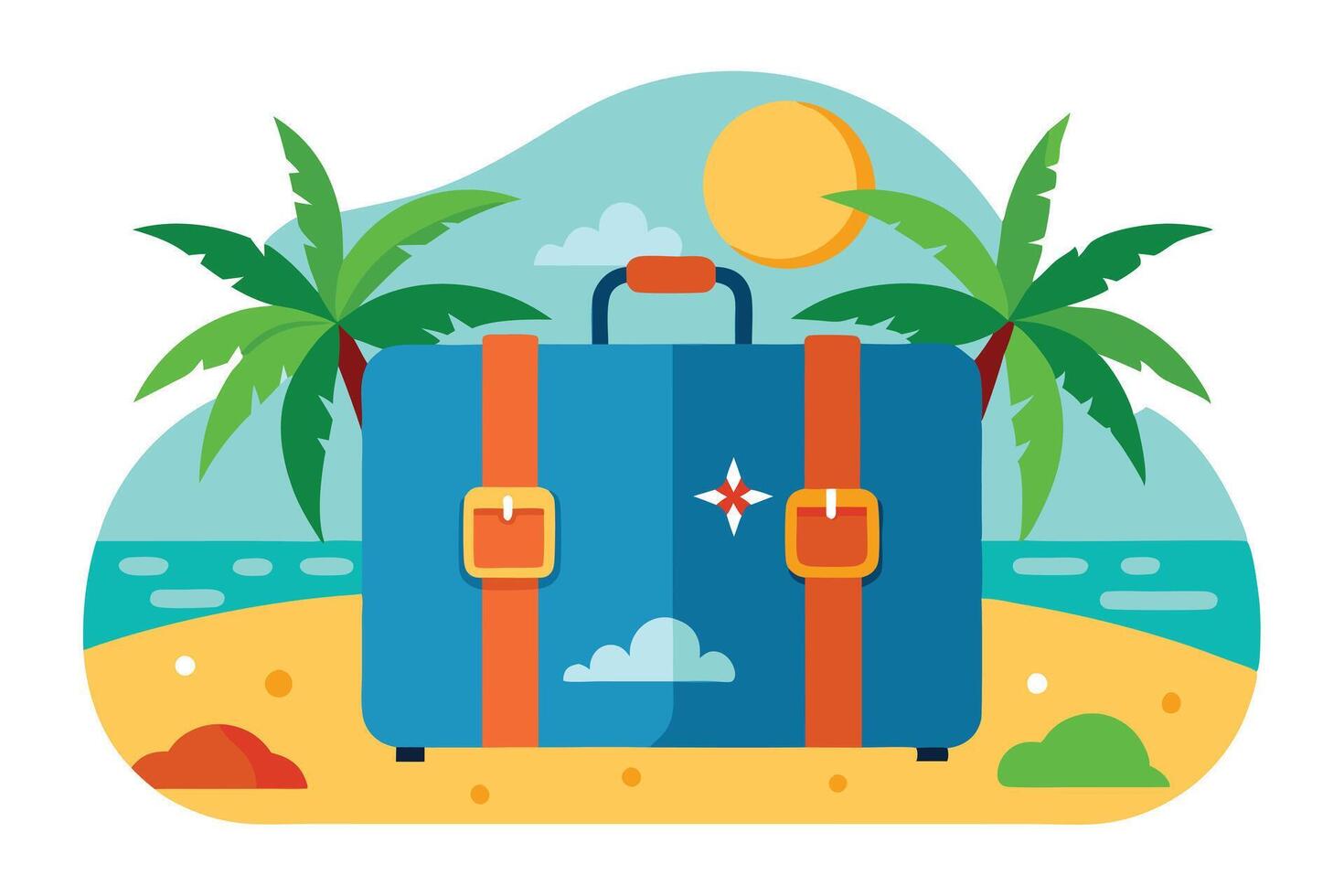 Flat Blue Suitcase on Beach with Palm Trees, Sea and Sun, Isolated vector