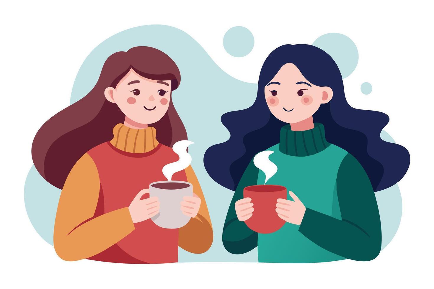 Two Smiling Asian Women Holding Hot Coffee Cups In Illustrated Style vector