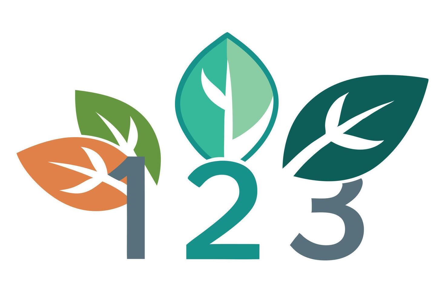 Stylish 123 Numbers with Colorful Leaf Accents on a Clean White Background vector