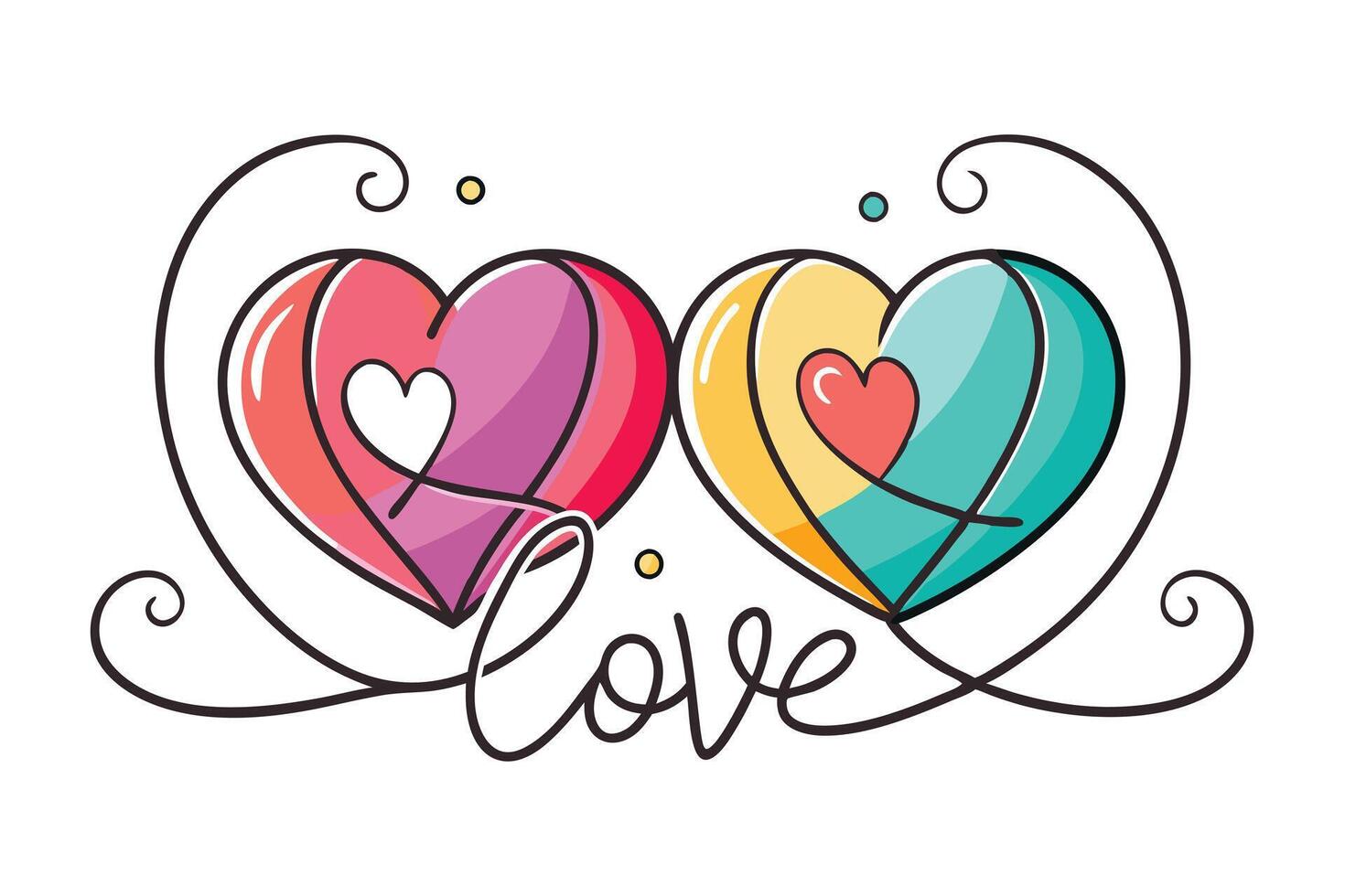 Two Decorative Hearts with 'Love' Text, Swirls, Colorful Design on White Background vector