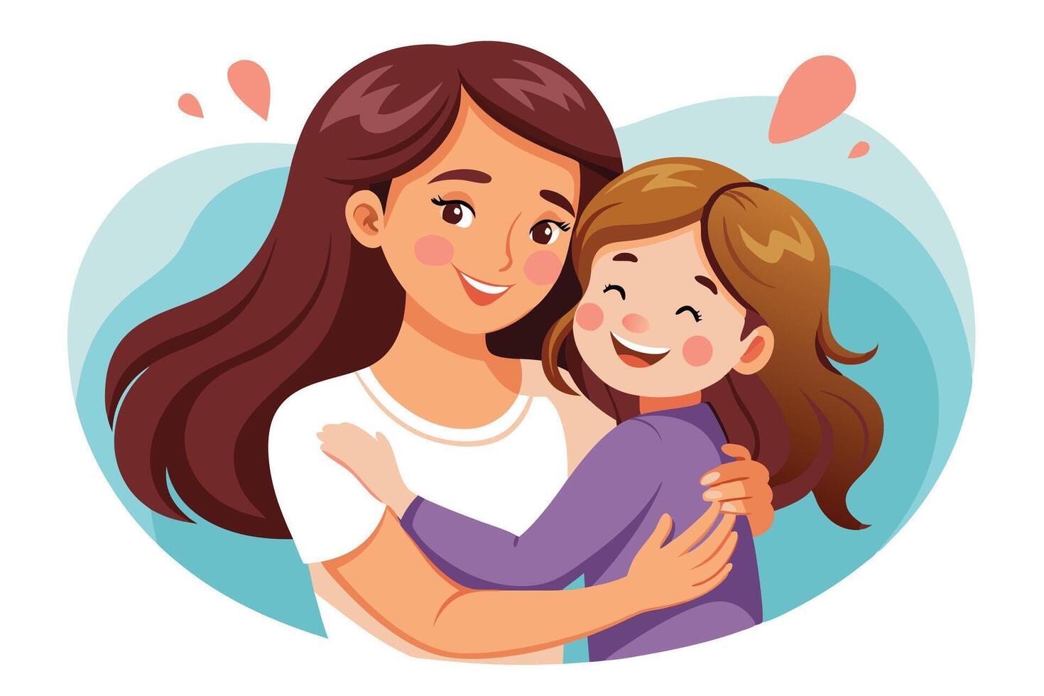Smiling Woman Hugging Girl with Brown Hair on Isolated White Background vector