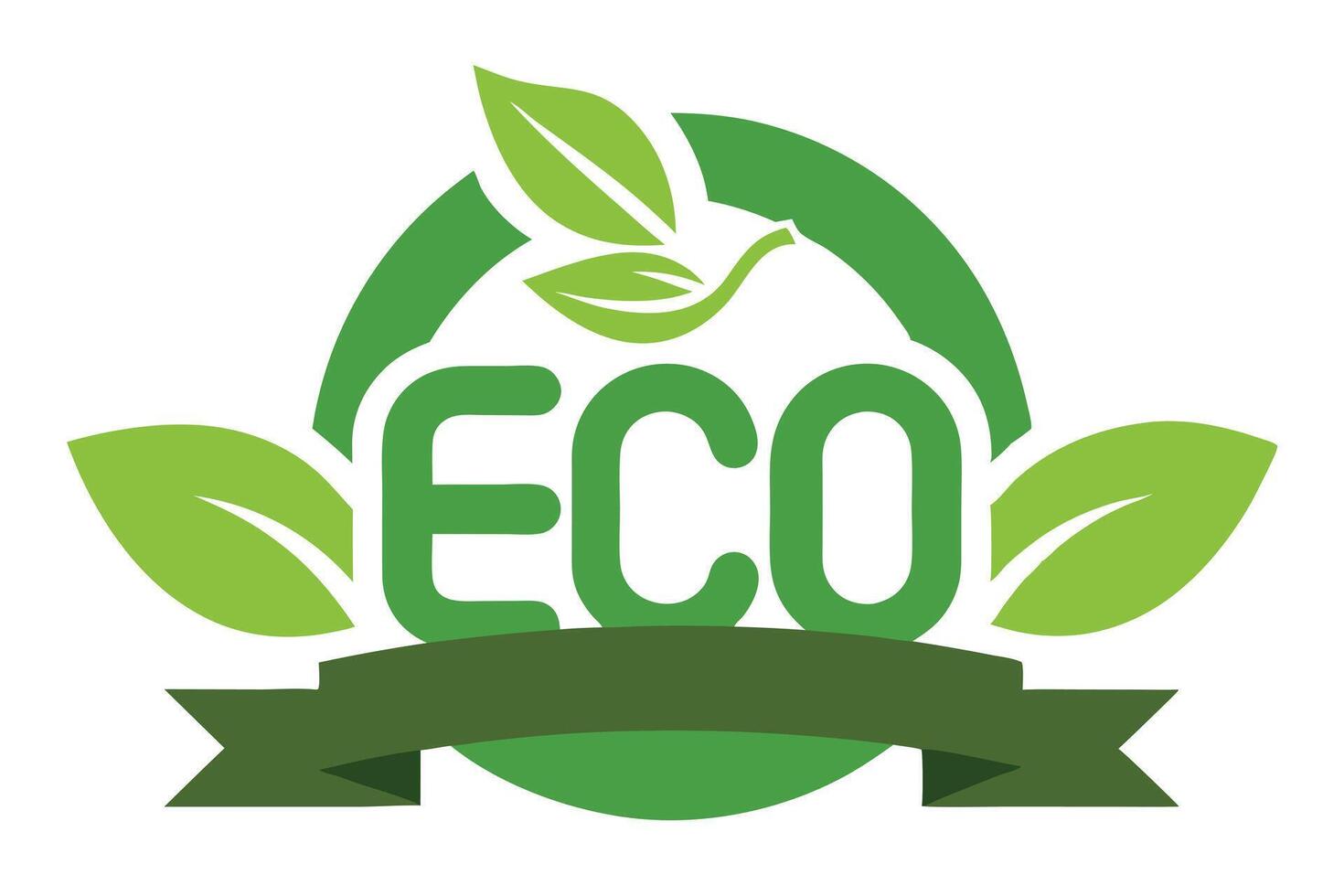 Green Eco Sign with Leaves and Ribbon Isolated on White Background, Nature Element vector