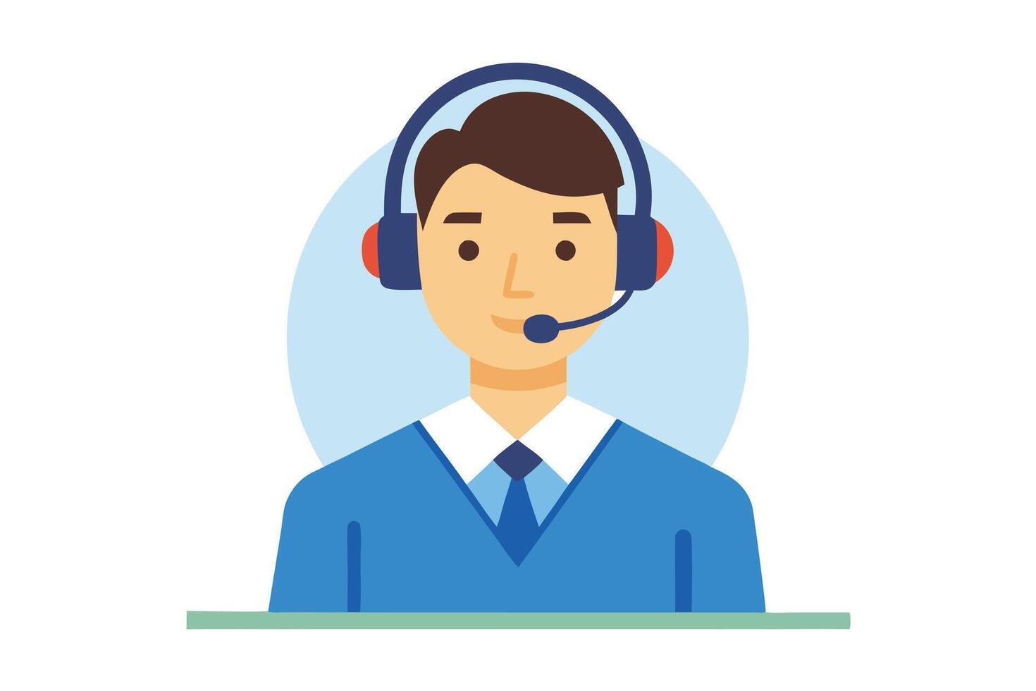 Flat Young Man with Headset in Blue Suit on White Background vector