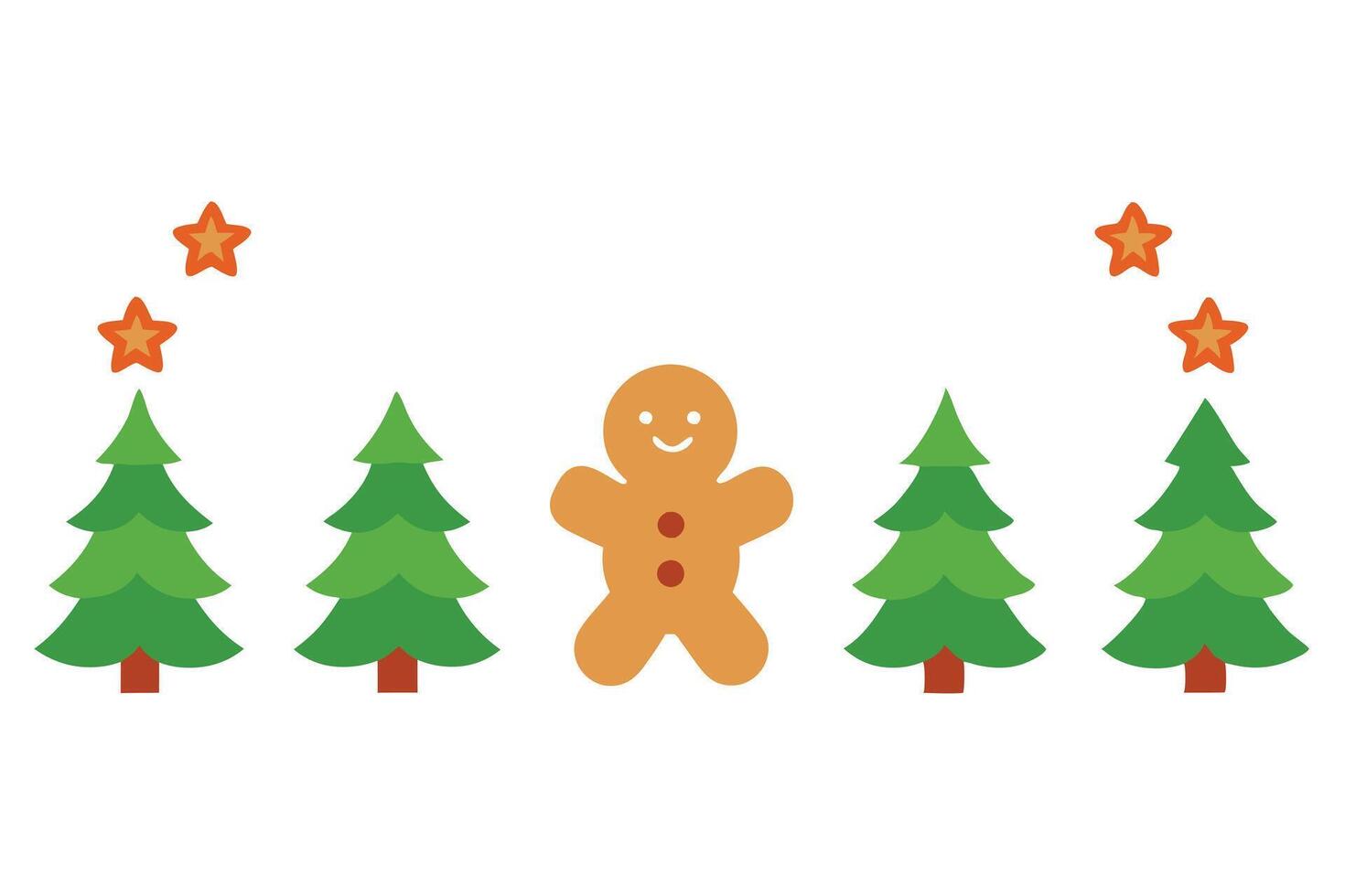 Cheerful Cartoon Gingerbread Man with Trees and Stars on White Background vector