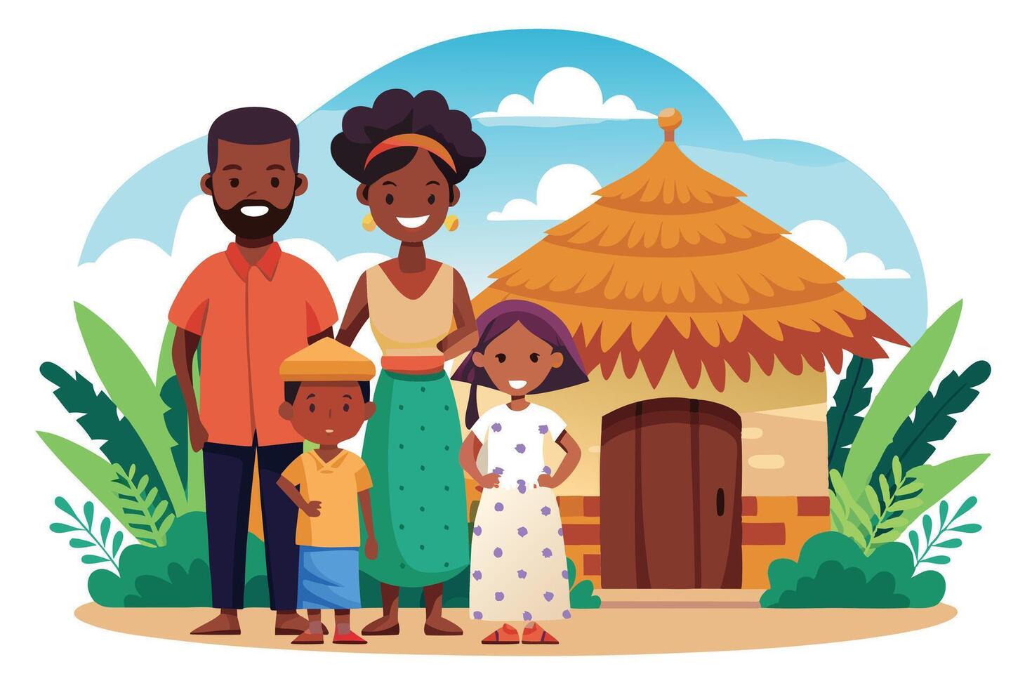 Cheerful African Family Portrait Dad, Mom, Son, Daughter Near Traditional Hut vector