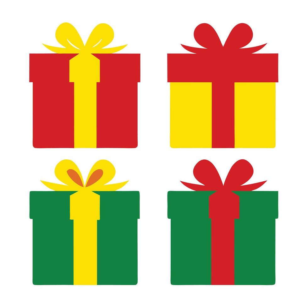 Four Colorful Simple Gift Boxes with Yellow, Red, and Green on White Background vector