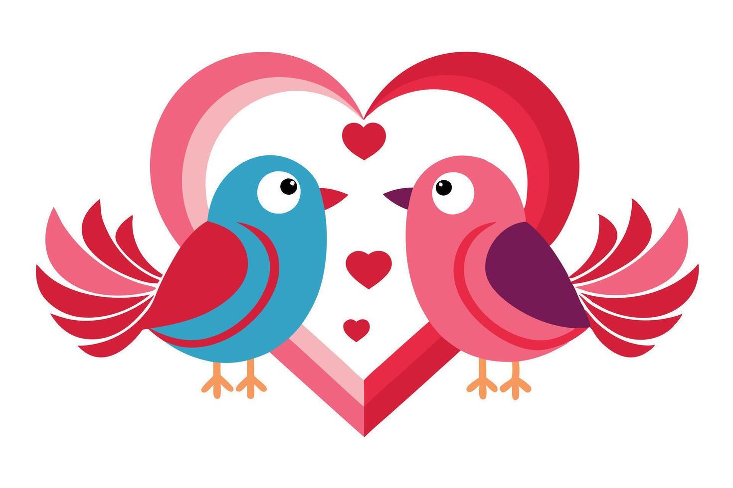 Two Cartoon Birds with Heart Wings and Little Hearts on a White Background vector