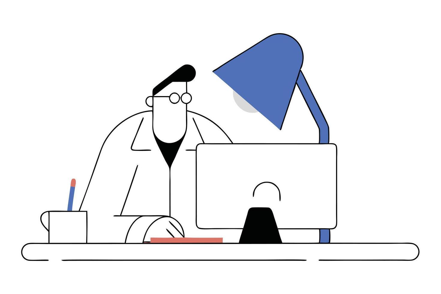 Line Art of Man in Lab Coat Working on Computer with Table Lamp on White vector
